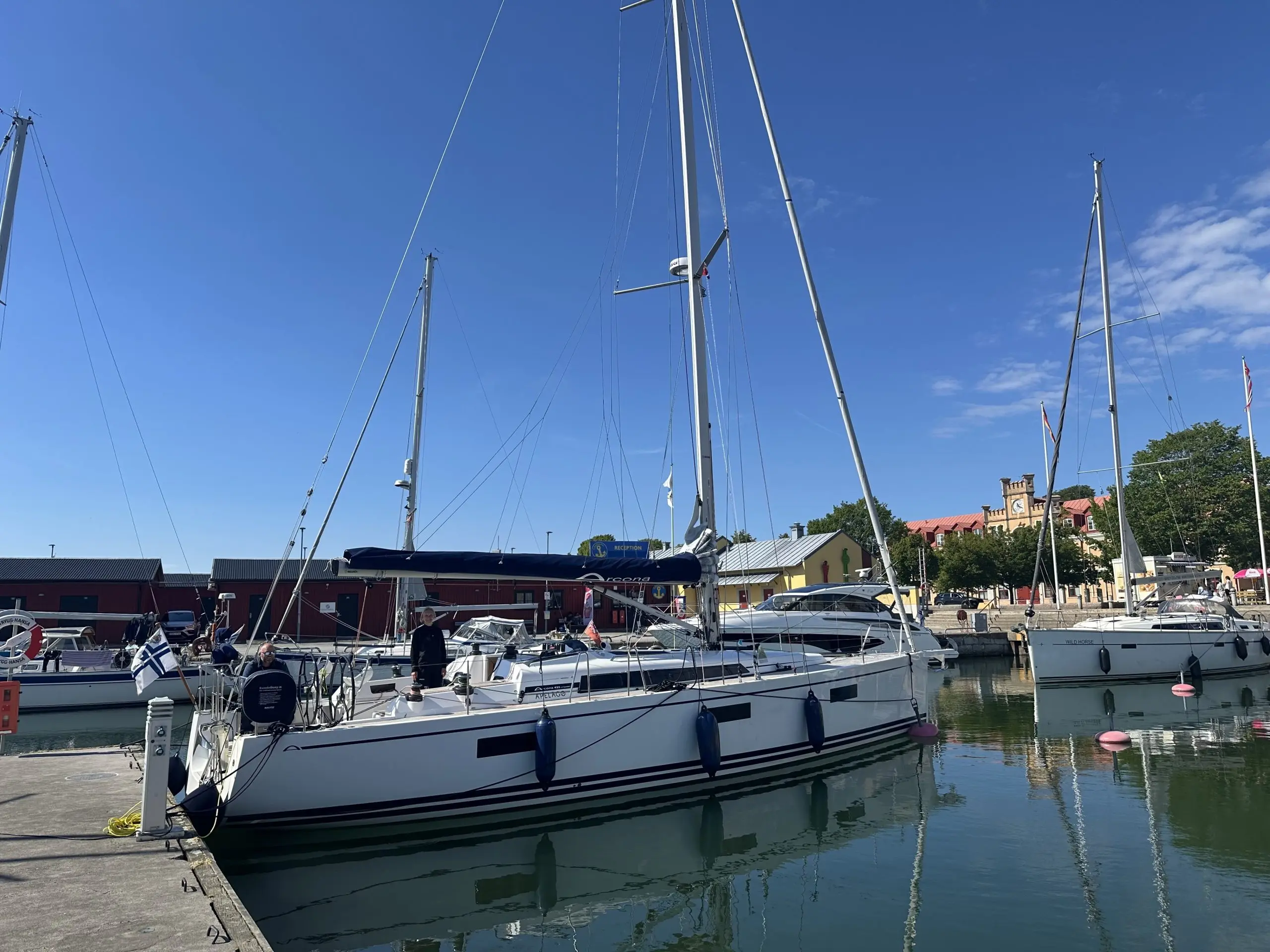 A’Pelago Yacht — a modern performance sailing yacht moored.